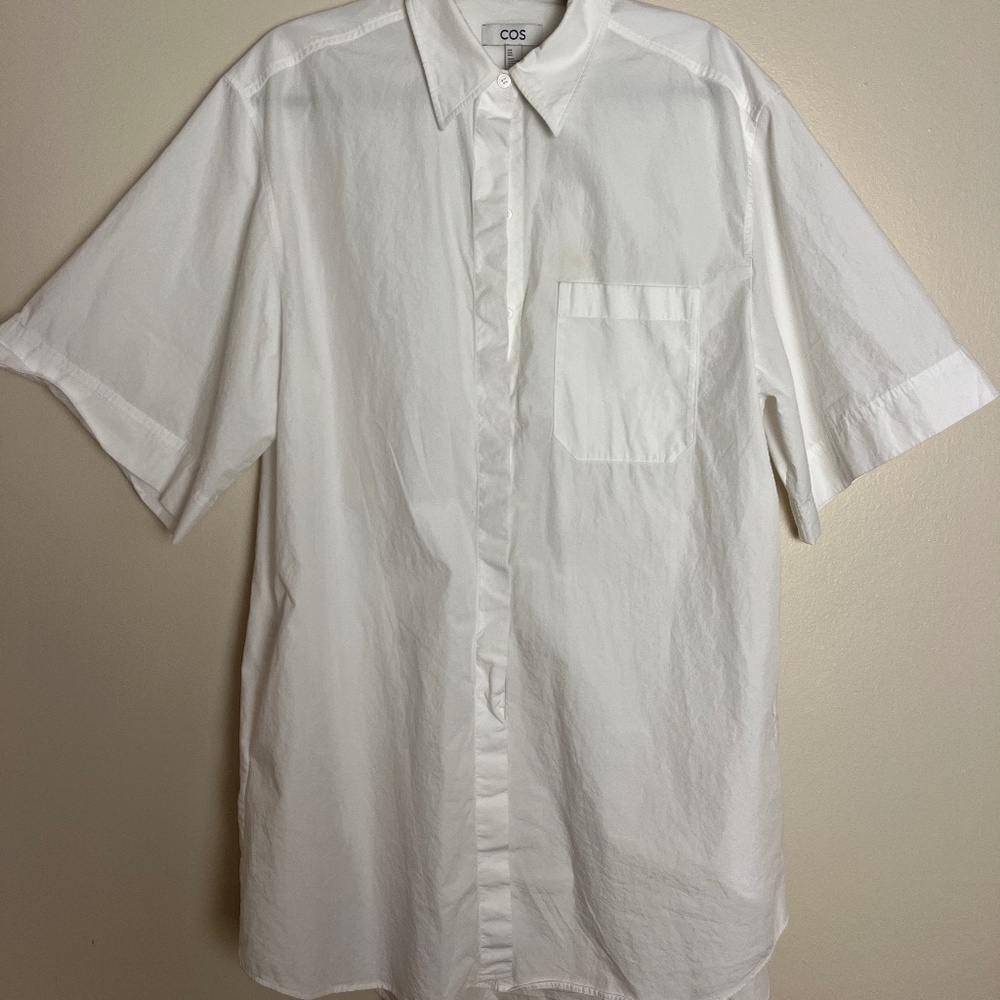COS White Oversized Long Length Short-Sleeve Button-Down Shirt